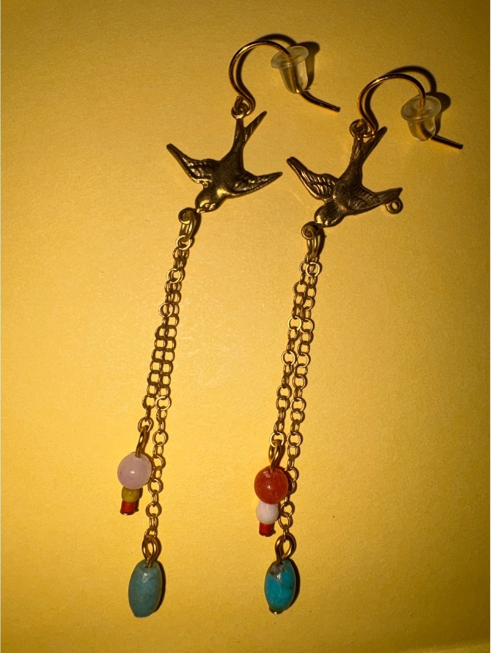 Gold plated Long dangle bird charm earrings